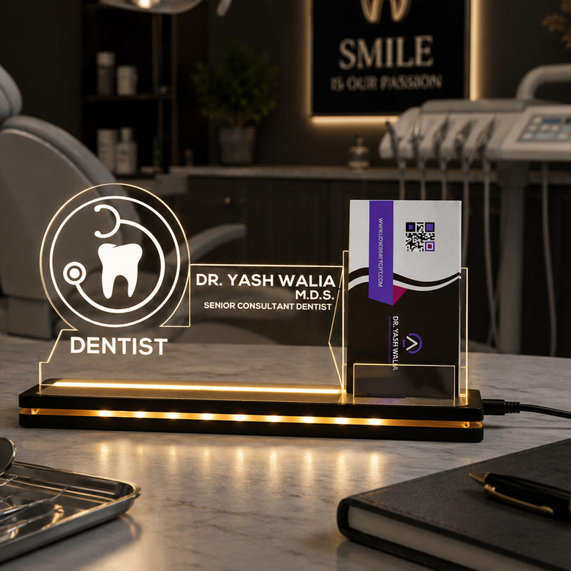 Personalized Dentist LED Visiting Card Holder with Custom Name | Professional Dental Desk Décor Gift for Dentists - 8x6" | Love Craft Gifts™