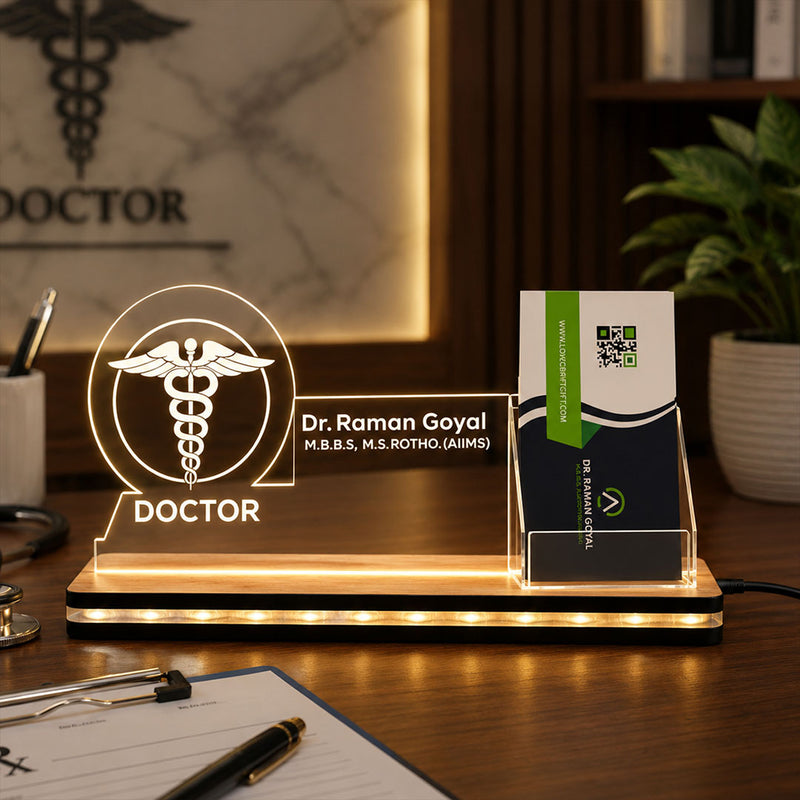 Personalized Doctor LED Visiting Card Holder with Custom Name | Professional Medical Desk Décor Gift for Doctors - 8x6" | Love Craft Gifts™