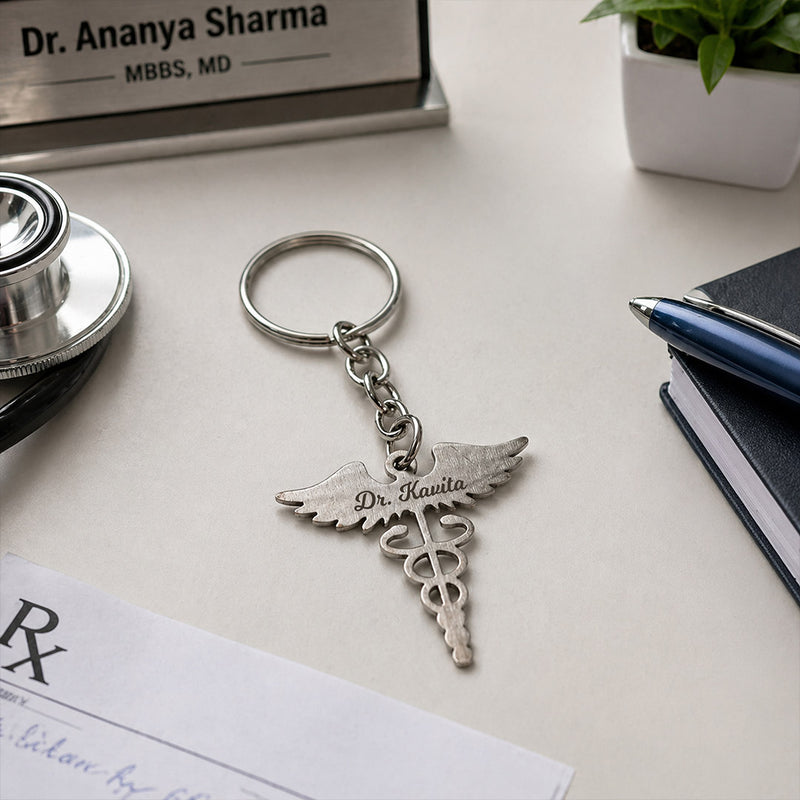 Personalized Doctor Caduceus Metal Keychain with Custom Name – Premium Medical Symbol Keyring Gift for Doctors & MBBS Students (Standard Gift Size) | Love Craft Gifts™