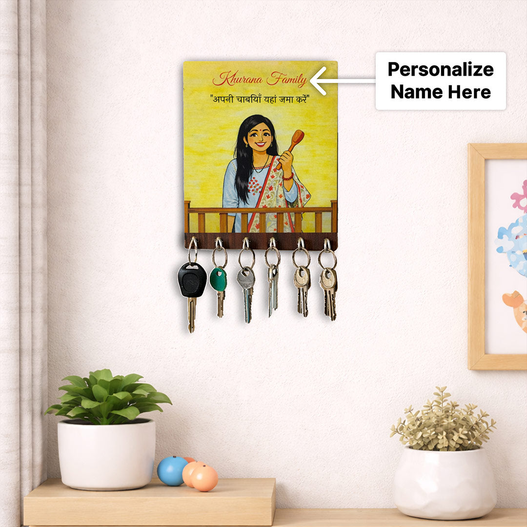 Personalized Family Key Holder Wall Frame – Custom Name Wooden Key Hanger for Home Entrance (6x8 Inch) | Love Craft Gifts