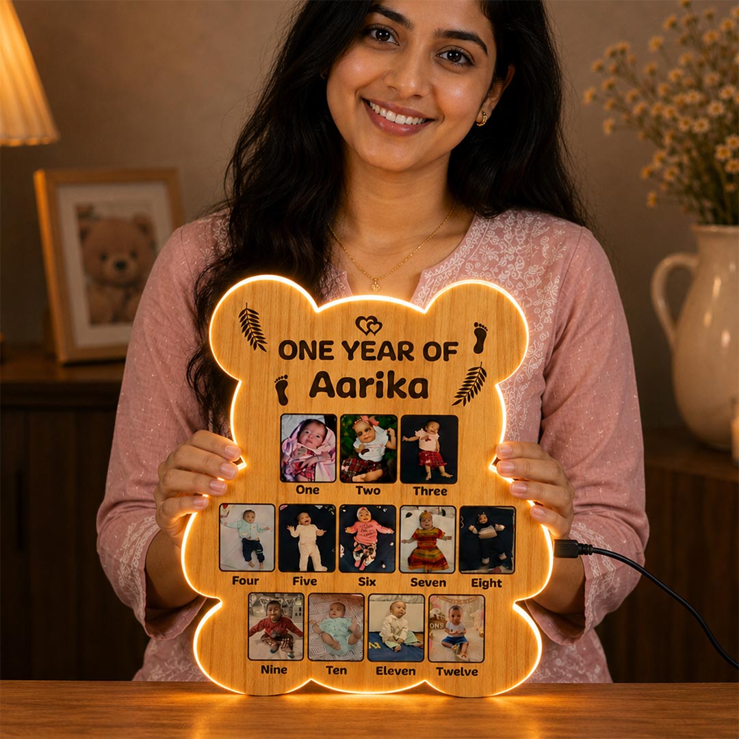 Personalized Baby Monthly Memory LED Wooden Photo Frame with Custom Name & 12 Baby Photos | First Birthday Keepsake Gift for Baby Girls, Boys & Parents - 18x14" | Love Craft Gifts™