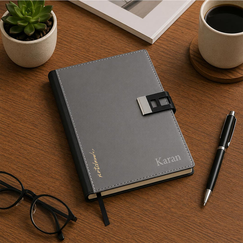 Personalized Grey Faux Leather Notebook with Custom Name Engraving | Premium A5 Executive Journal Gift for Professionals, Students & Office Use - A5 | Love Craft Gifts™