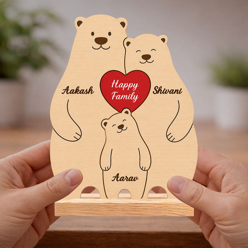 Personalized Happy Family Bear Wooden Table Stand (6x7.5") | Custom Name Family Décor Gift | Love Craft Gifts™