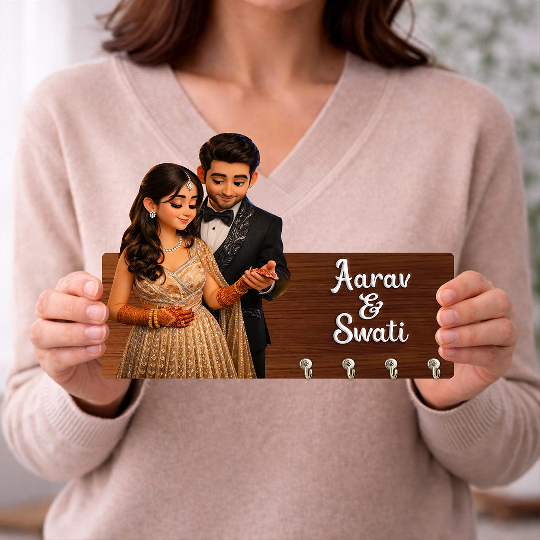 Personalized Couple Photo Wooden Key Holder with Name – Custom Wall Key Hanger (7 x 5 Inch) | Love Craft Gifts