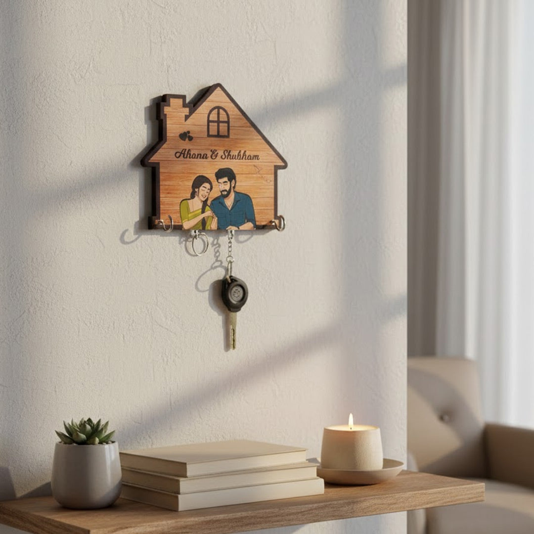 Personalized Wooden Couple Key Holder – 6x6” | Custom Names & Cartoon Art | Love Craft Gifts