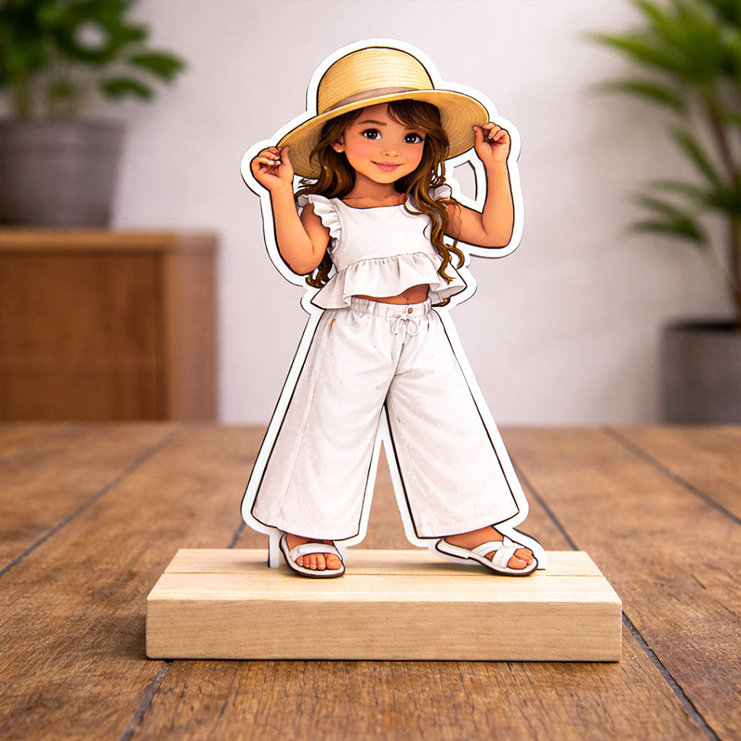Personalized Kids Cartoon Acrylic Photo Stand with Wooden Base – Custom Child Picture Cutout Table Top Gift (7x4 Inch) | Love Craft Gifts