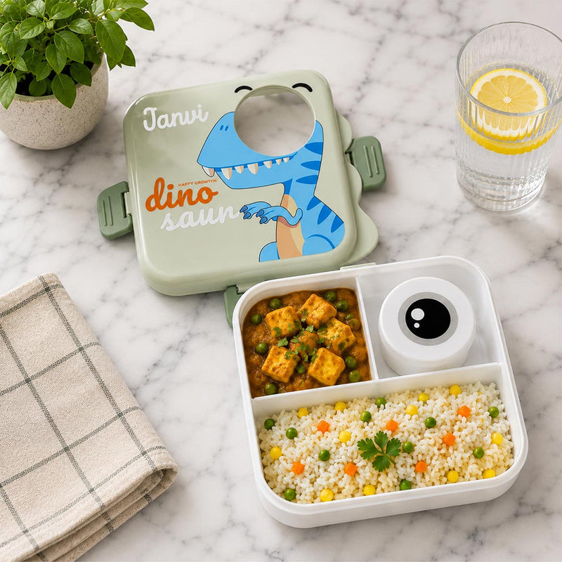 Personalized Dino Kids Lunch Box with Name | Cartoon Stainless Steel Lunch Box for School Kids 1120ML + 70ML | Love Craft Gifts™