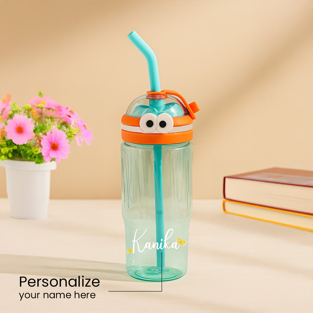 Personalized Cartoon Sipper Bottle with Straw – Aqua Orange | Custom Name | 3 Sizes | Love Craft Gifts