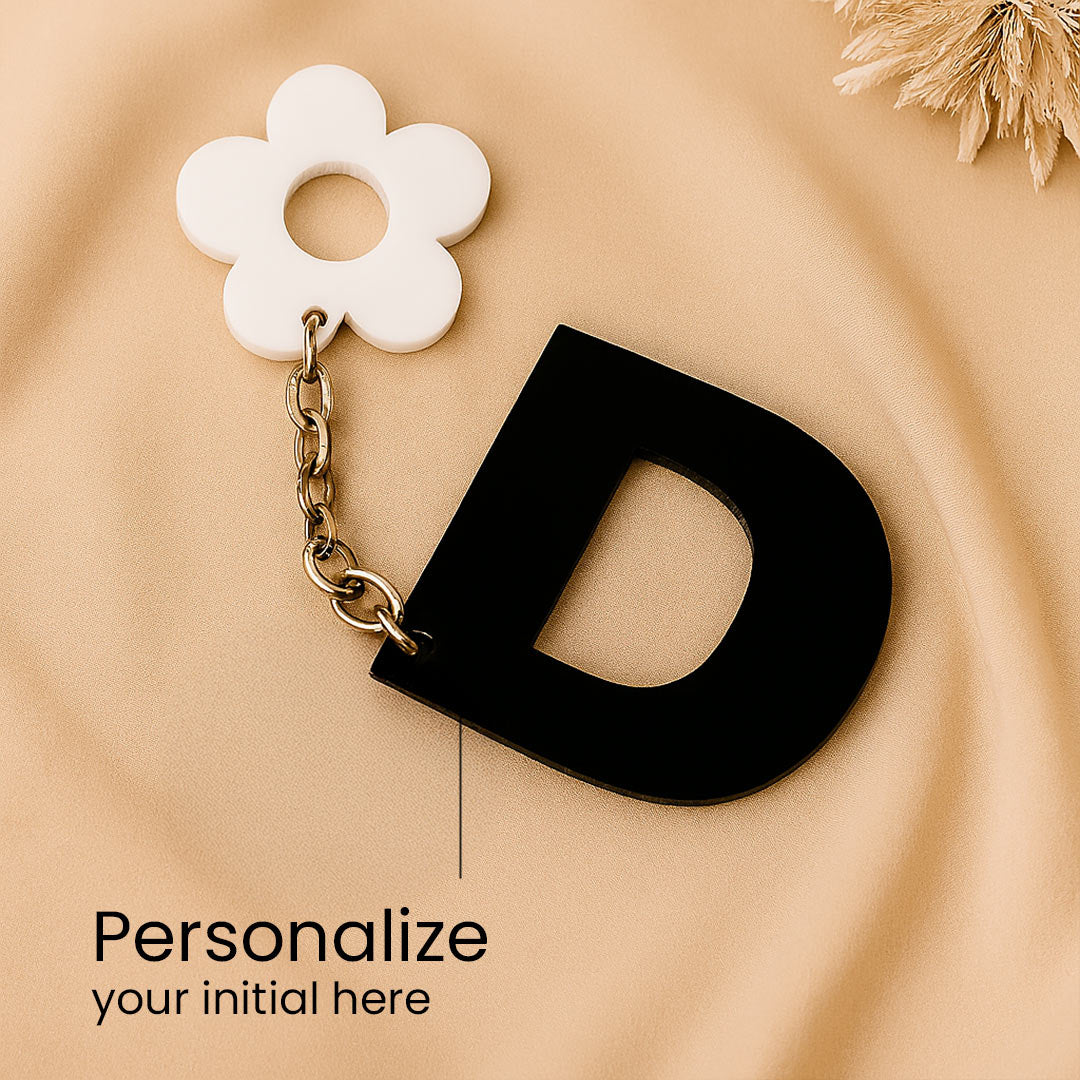 Personalized Flower Ring Acrylic Keychain – Black Initial | Love Craft Gifts