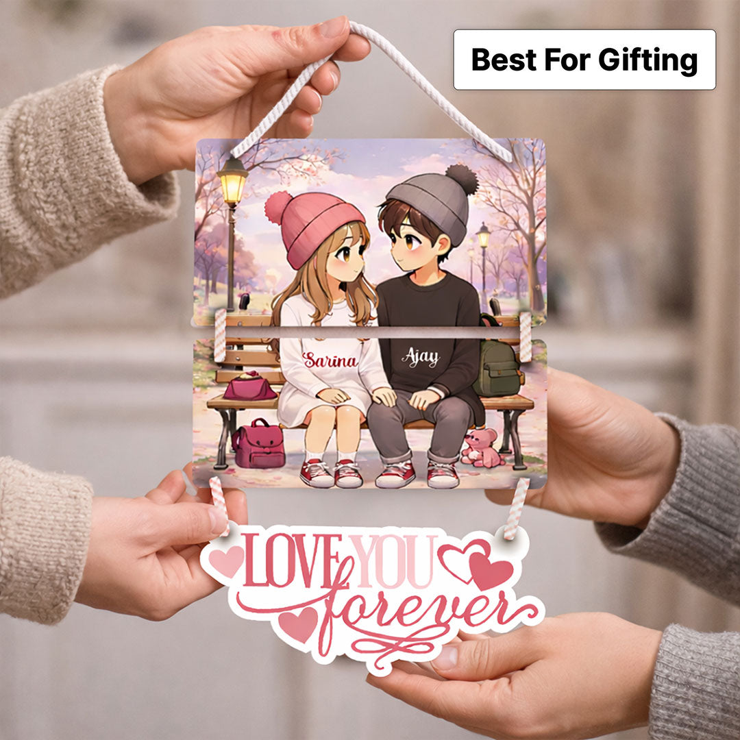 Personalized Anime Couple Love Forever Wall Hanging (9x14 Inch) – Custom Name Wooden Decor | Love Craft Gifts