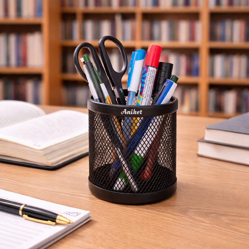 Personalized Metal Mesh Pen Stand with Custom Name – Premium Desk Organizer Gift for Students & Office Use (Standard Gift Size) | Love Craft Gifts™