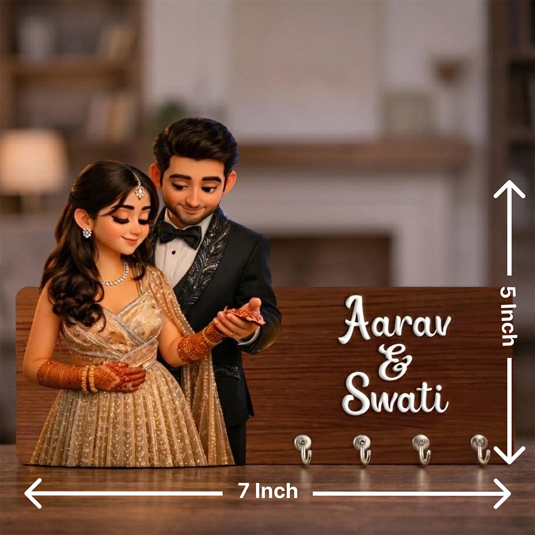Personalized Couple Photo Wooden Key Holder with Name – Custom Wall Key Hanger (7 x 5 Inch) | Love Craft Gifts