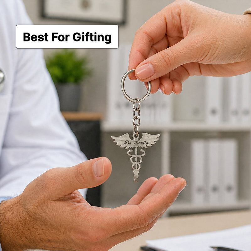 Personalized Doctor Caduceus Metal Keychain with Custom Name – Premium Medical Symbol Keyring Gift for Doctors & MBBS Students (Standard Gift Size) | Love Craft Gifts™