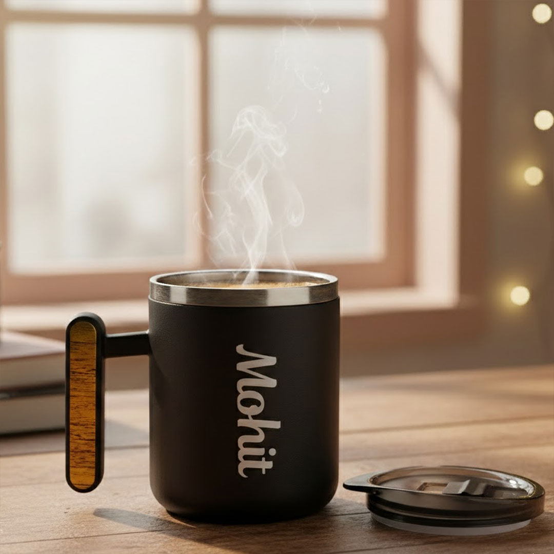 Personalized Name Double Wall Insulated Coffee Mug with Lid – 390 ML | Love Craft Gifts