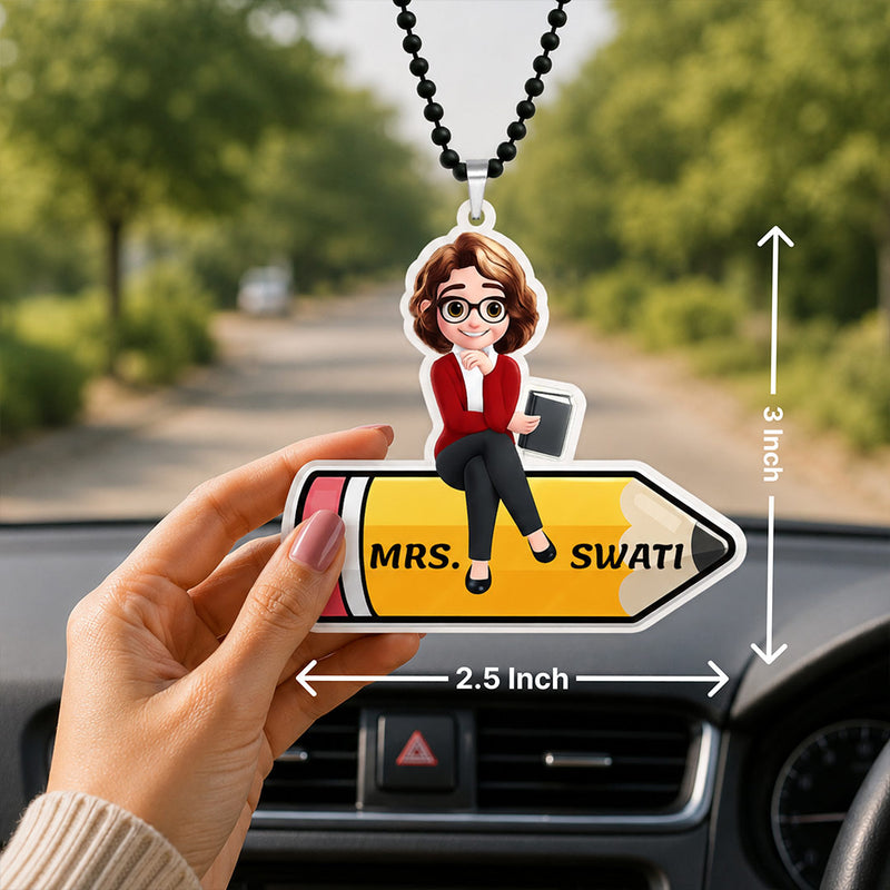 Personalized Teacher Cartoon Car Hanger with Custom Name | Cute Hanging Car Accessory Gift for Teachers, Women & Educators - 3x2.5" | Love Craft Gifts™