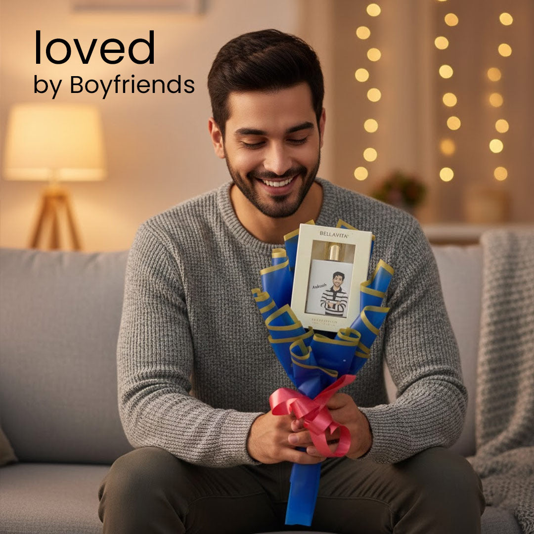 Customized Bellavita White Oud Perfume Bouquet | Personalized with Name & Cartoon Illustration