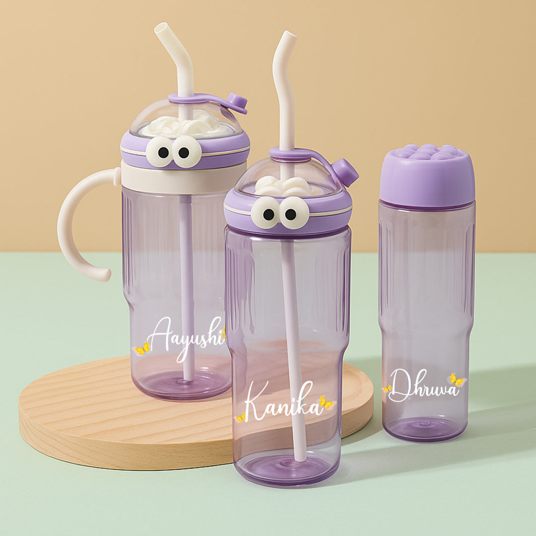 Personalized Cartoon Sipper Bottle – Purple & White | Custom Name | 3 Sizes | Love Craft Gifts