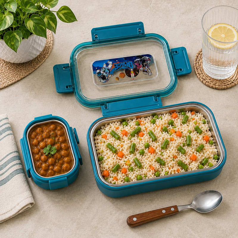Personalized Space Design Stainless Steel Kids Lunch Box with Custom Name | Leak-Resistant School Tiffin Gift for Boys & Girls - 500ml | Love Craft Gifts™