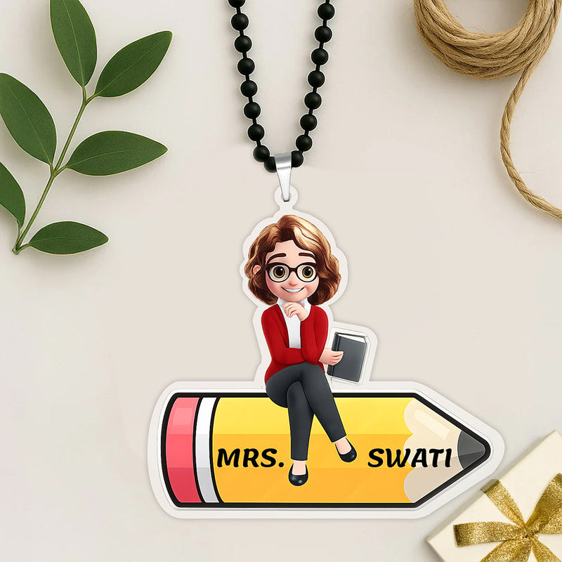 Personalized Teacher Cartoon Car Hanger with Custom Name | Cute Hanging Car Accessory Gift for Teachers, Women & Educators - 3x2.5" | Love Craft Gifts™