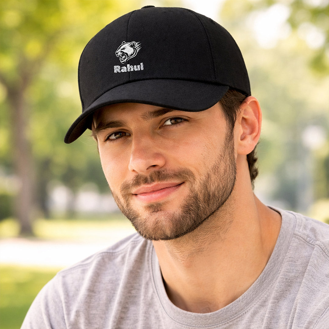 Personalized Roaring Tiger Printed Black Cap – Custom Name Adjustable Baseball Hat for Men & Boys | Love Craft Gifts