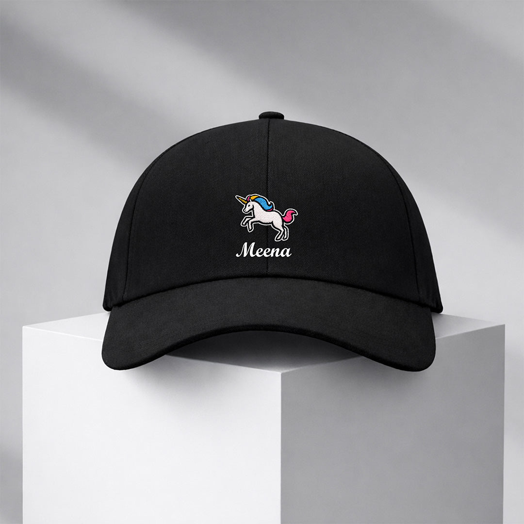 Personalized Unicorn Printed Black Cap – Custom Name Adjustable Baseball Hat for Women & Girls | Love Craft Gifts
