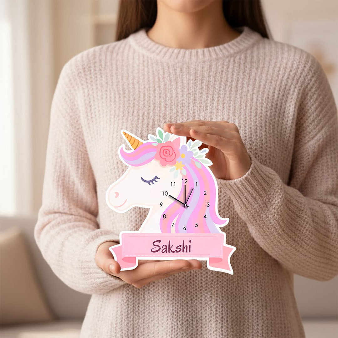 Personalized Unicorn Acrylic Wall Clock for Kids – Custom Name Cartoon Wall Clock (8×10 Inch) | Love Craft Gifts
