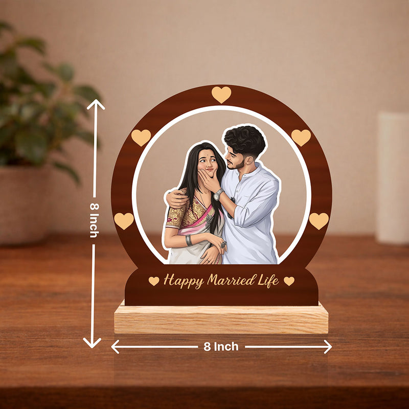 Personalized Cartoon Couple Wooden Table Top Frame | Custom Happy Married Life Photo Stand Gift for Couples 8x8" | Love Craft Gifts™