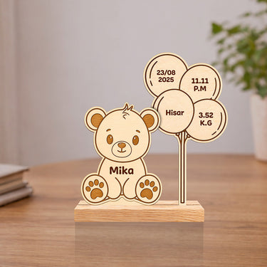 Personalized Wooden Teddy Bear Baby Birth Details Plaque | Custom Newborn Keepsake Gift for Baby Boy, Baby Girl & Parents - 7x7.5" | Love Craft Gifts™
