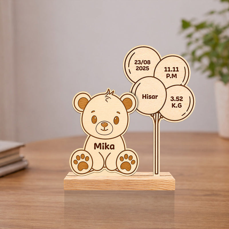 Personalized Wooden Teddy Bear Baby Birth Details Plaque | Custom Newborn Keepsake Gift for Baby Boy, Baby Girl & Parents - 7x7.5" | Love Craft Gifts™