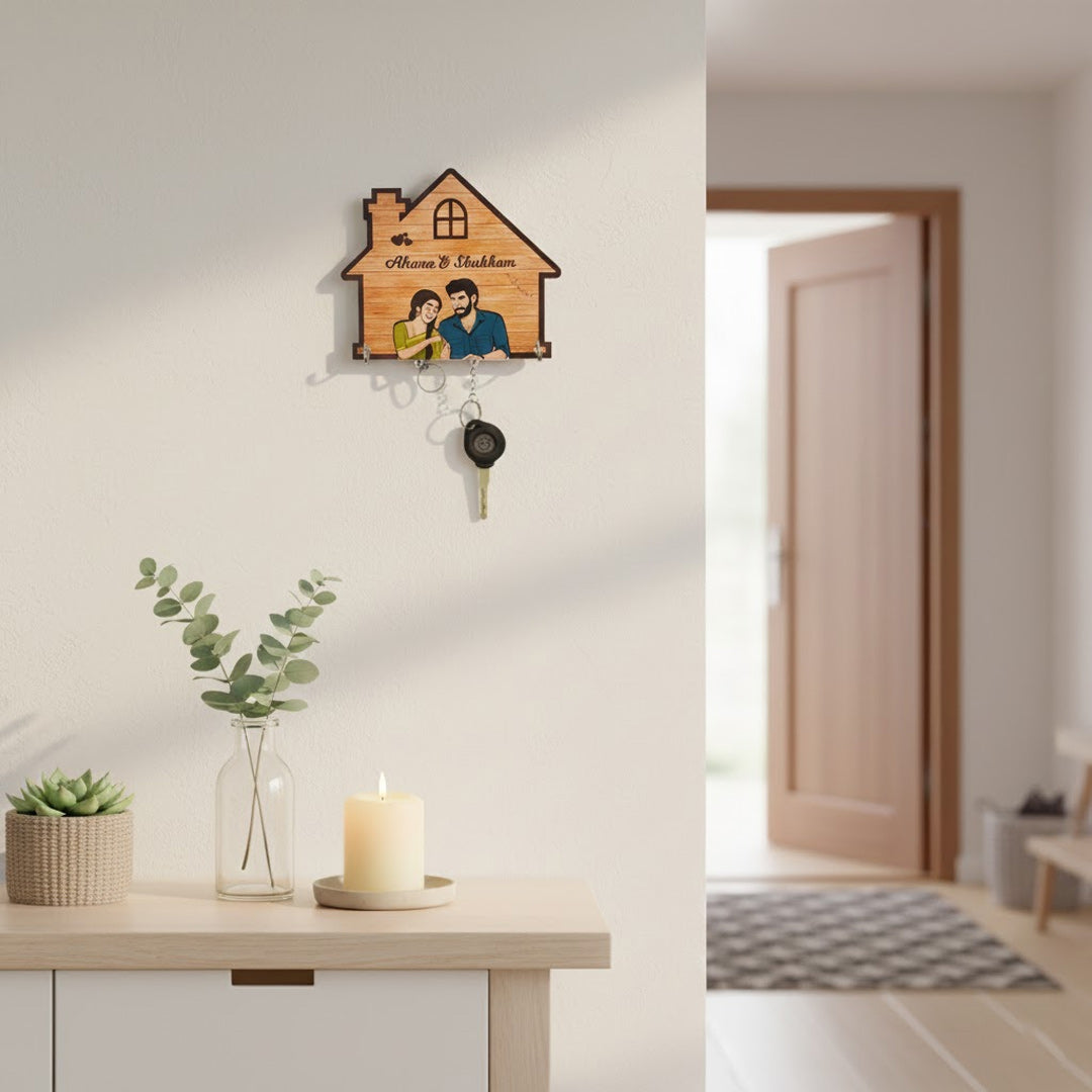 Personalized Wooden Couple Key Holder – 6x6” | Custom Names & Cartoon Art | Love Craft Gifts