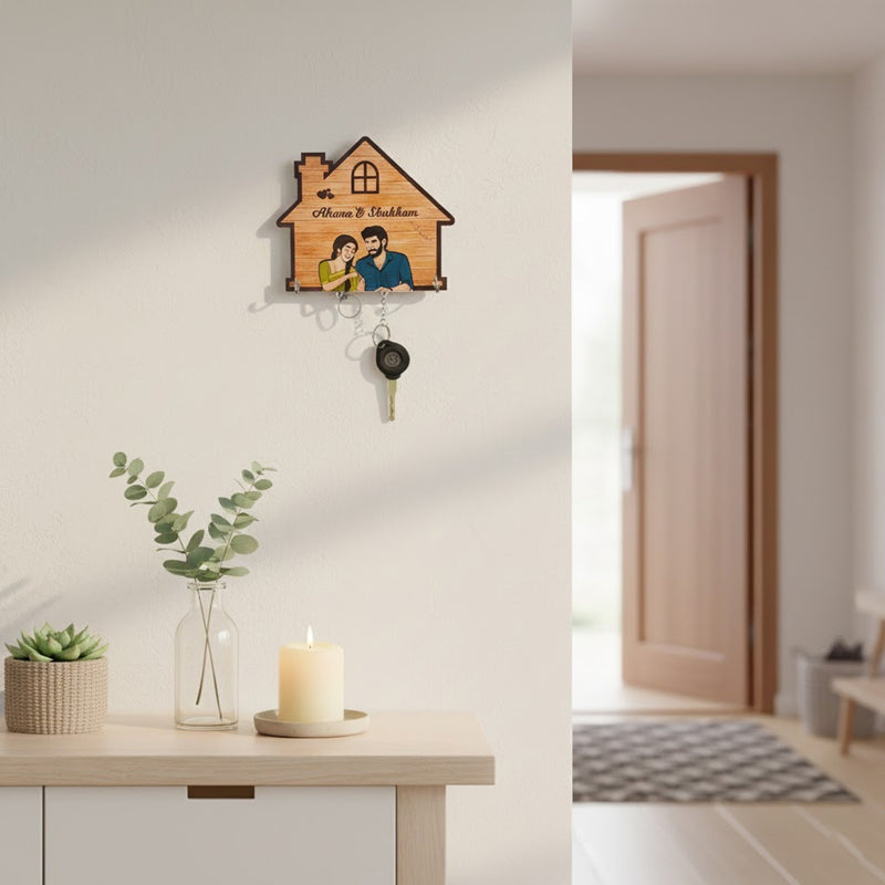 Personalized Wooden Couple Key Holder – 6x6” | Custom Names & Cartoon Art | Love Craft Gifts