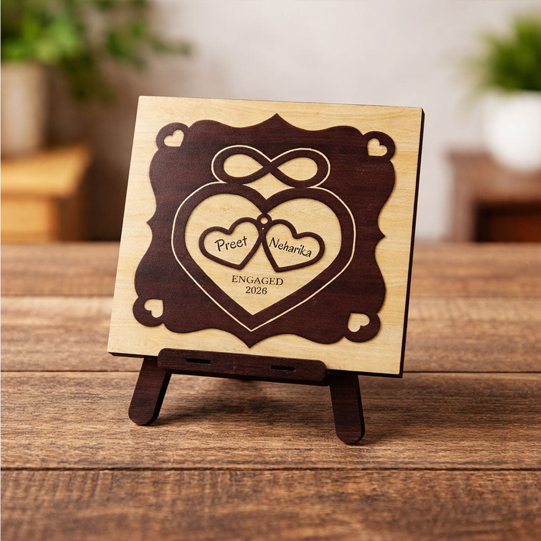 Personalized Wooden Engagement Name Plaque – Custom Couple Name & Date Table Top Frame (8×8 Inch) | Love Craft Gifts