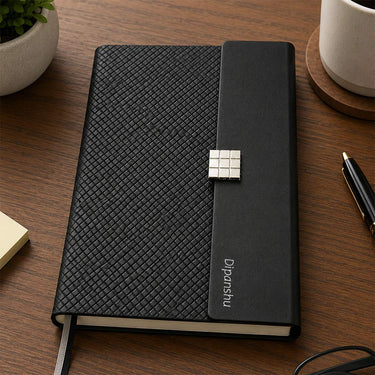 Personalized A5 Woven Vegan Leather Diary Notebook | Custom Name Journal Planner with Snap Button Closure for Office & Corporate Gifting | Love Craft Gifts™