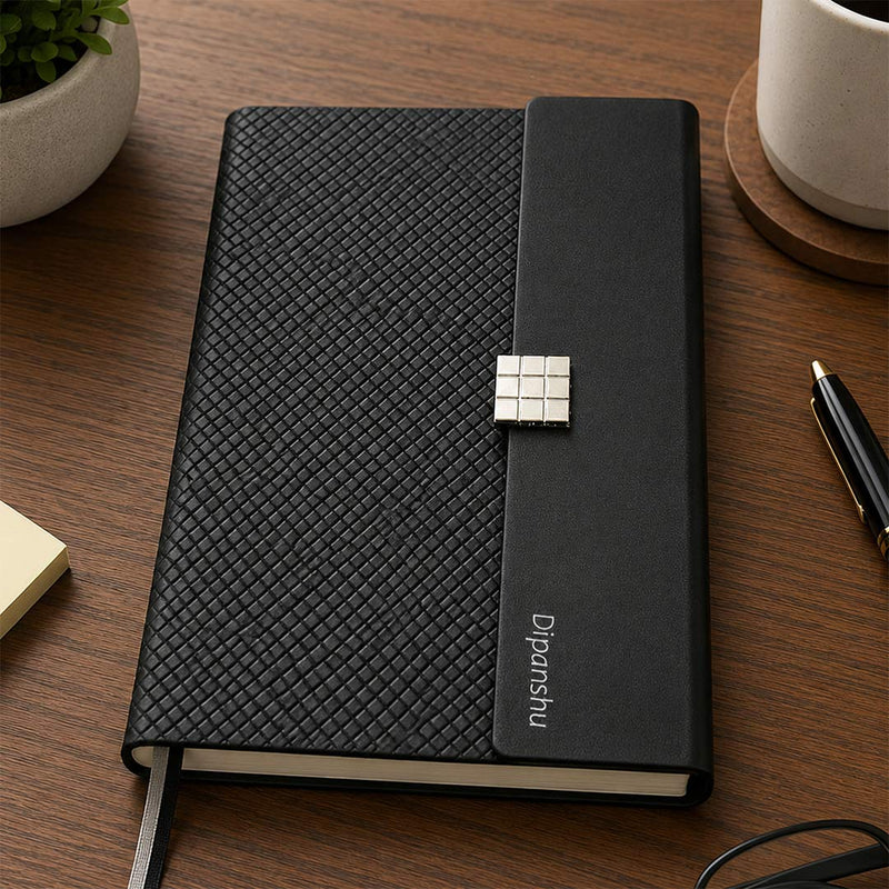 Personalized A5 Woven Vegan Leather Diary Notebook | Custom Name Journal Planner with Snap Button Closure for Office & Corporate Gifting | Love Craft Gifts™