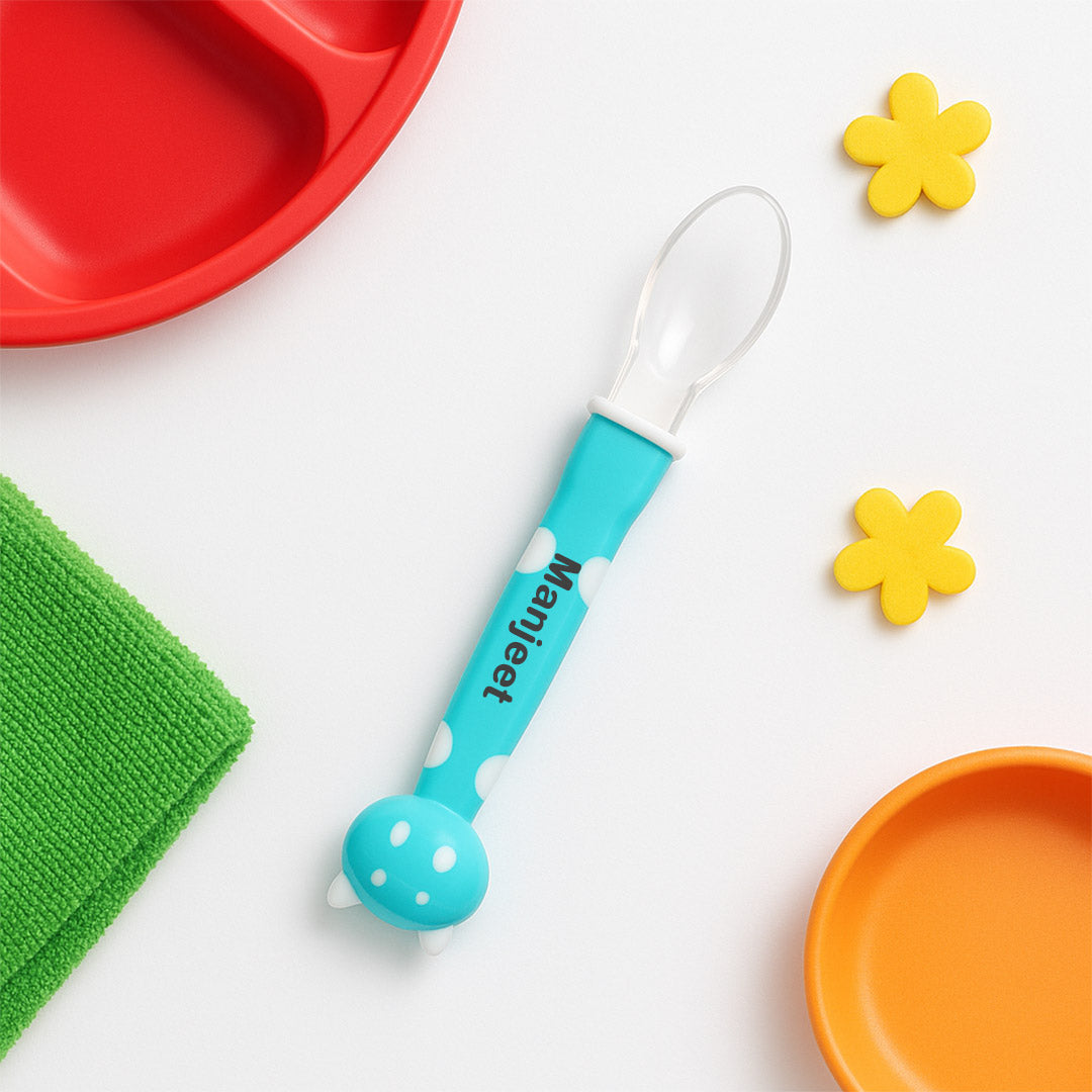 Personalized Baby Feeding Spoon – Blue Polka | Soft Silicone Tip | Custom Name | Love Craft Gifts