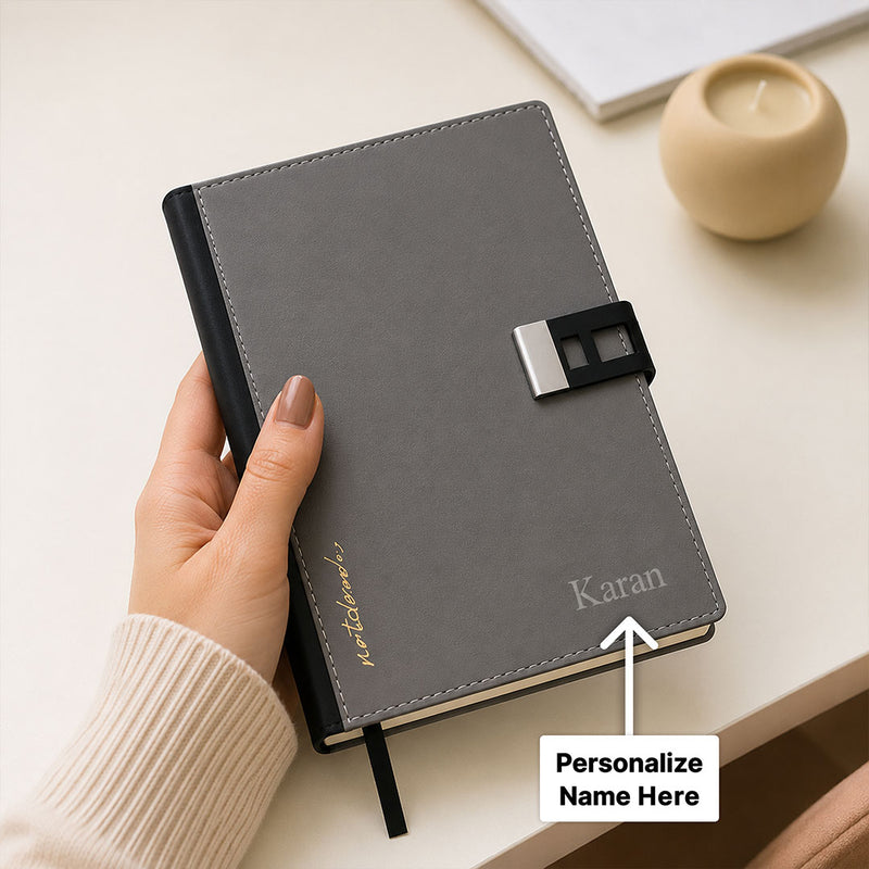 Personalized Grey Faux Leather Notebook with Custom Name Engraving | Premium A5 Executive Journal Gift for Professionals, Students & Office Use - A5 | Love Craft Gifts™