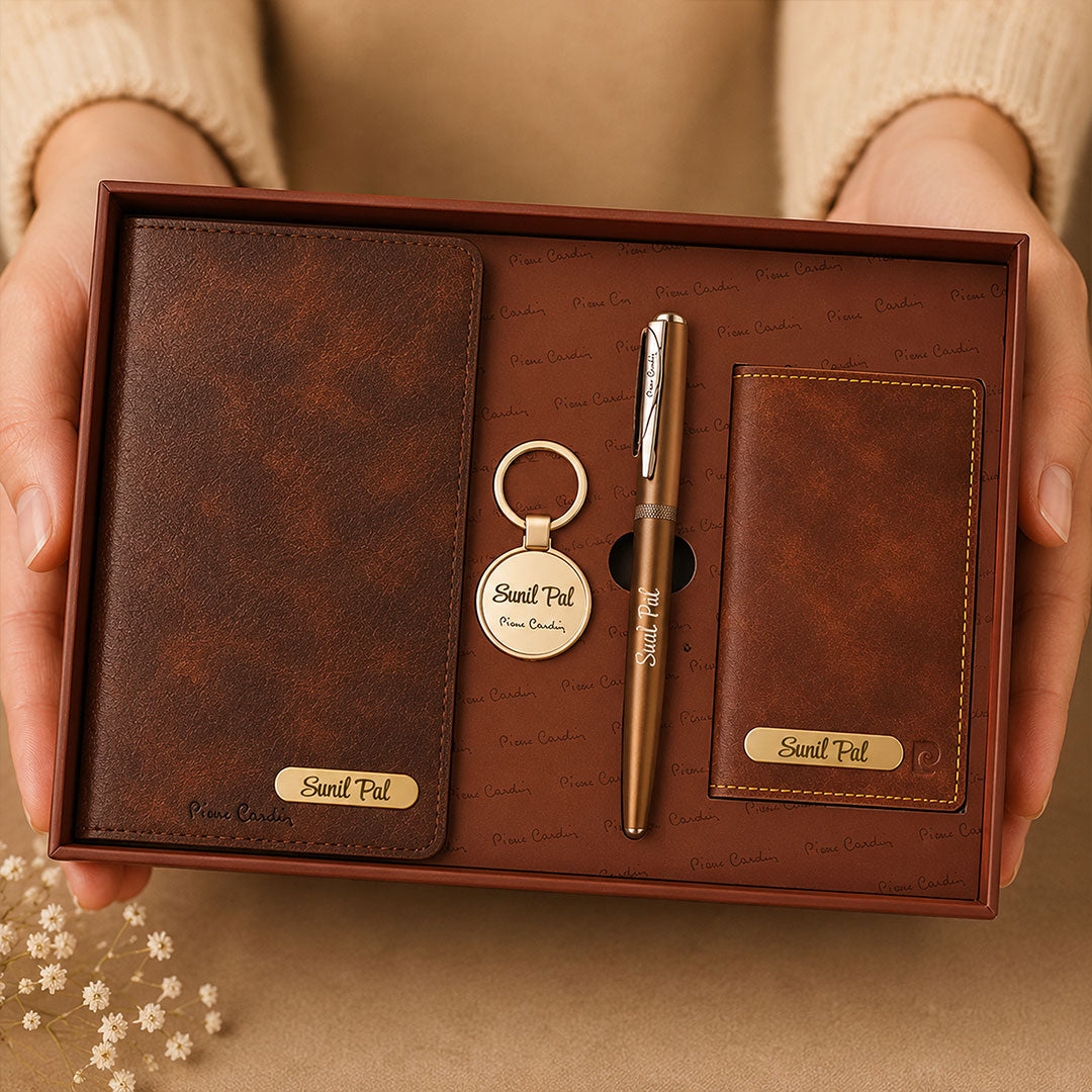 Premium Brown Personalized Gift Set | Pierre Cardin Notebook, Pen & Passport Cover | Love Craft Gifts™
