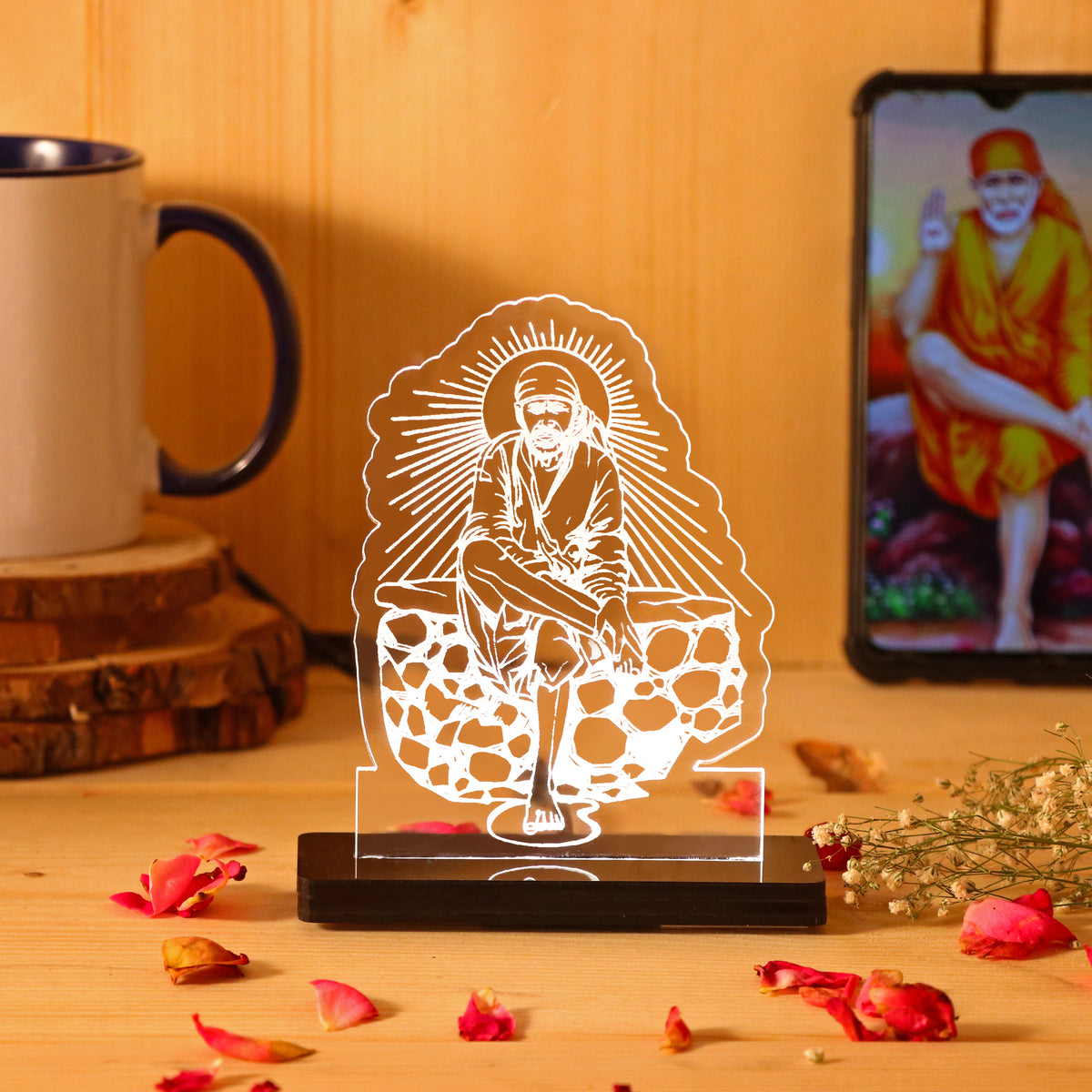 Shirdi Sai Baba LED Car Dashboard Lamp – Premium Acrylic LED Light for Car Dashboard, Home Temple Decor, Spiritual Gift for Sai Devotees | LoveCraftGifts™