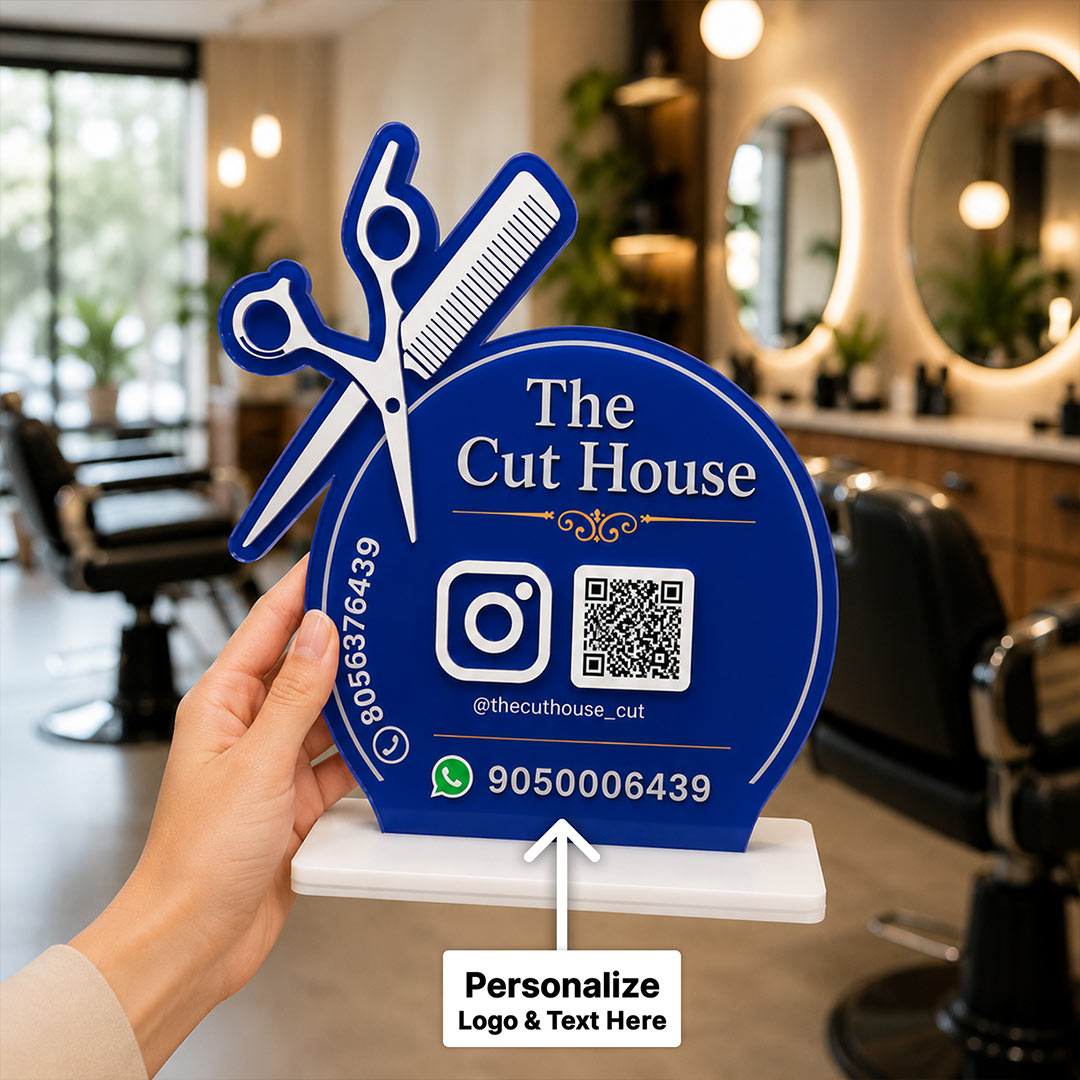 Personalized Barber Shop QR Code Table Stand with Custom Logo & Social Media Details | Business Branding Gift for Salon Owners & Hair Stylists - 8x6" | Love Craft Gifts™