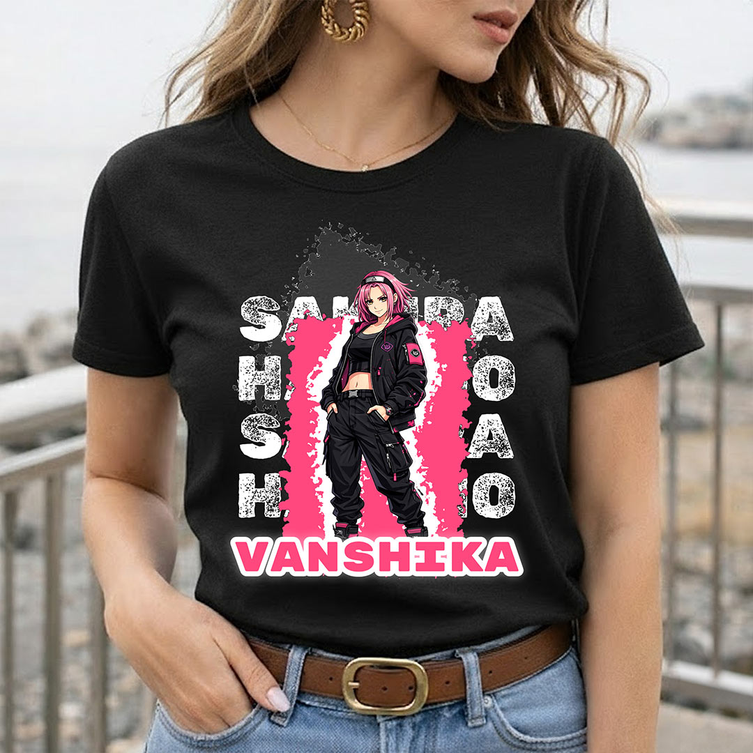 Personalized Sakura Haruno Anime Name T-Shirt for Women – Custom Printed Black Tee | Love Craft Gifts
