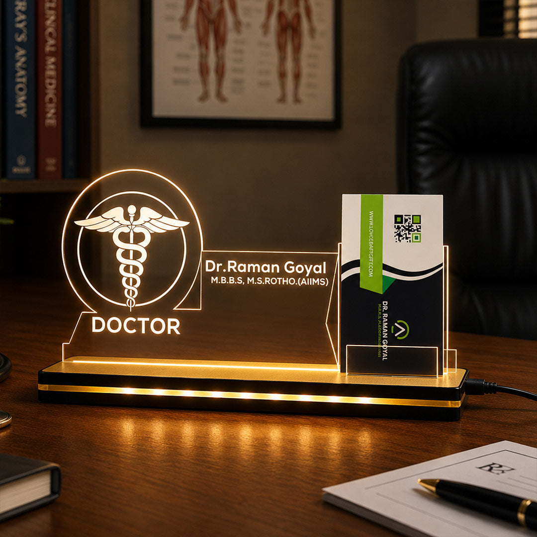 Personalized Doctor LED Visiting Card Holder with Custom Name | Professional Medical Desk Décor Gift for Doctors - 8x6" | Love Craft Gifts™