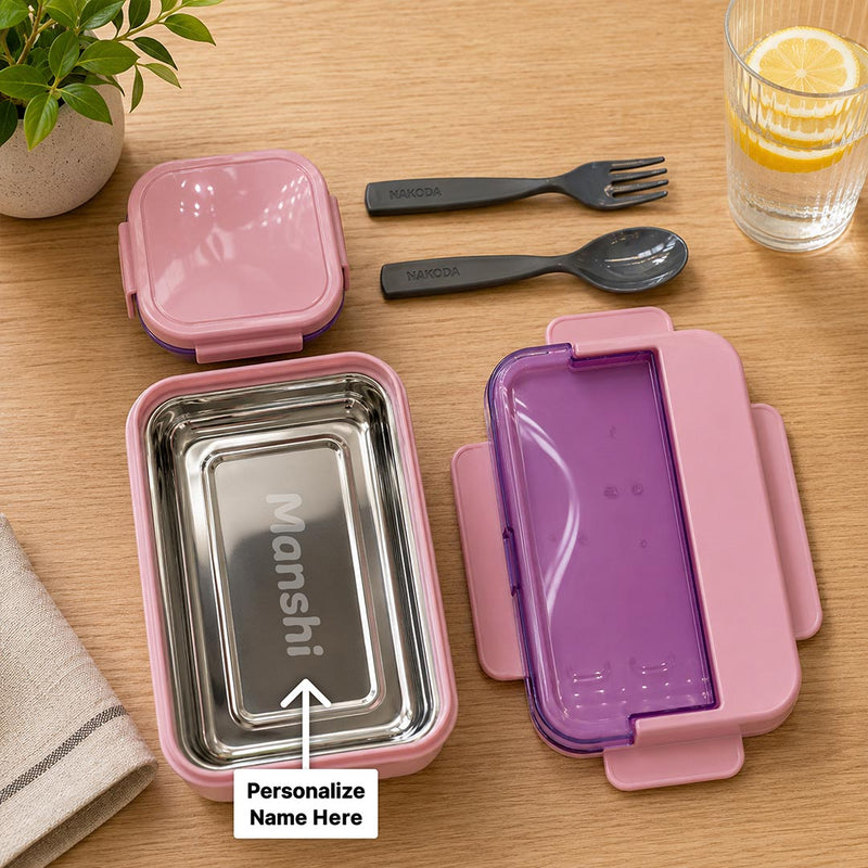 Personalized Nakoda Punch Lunch Box DLX with Custom Name | PU Insulated Leak-Resistant Steel Tiffin Gift for Kids & Office Use - 600ml | Love Craft Gifts™