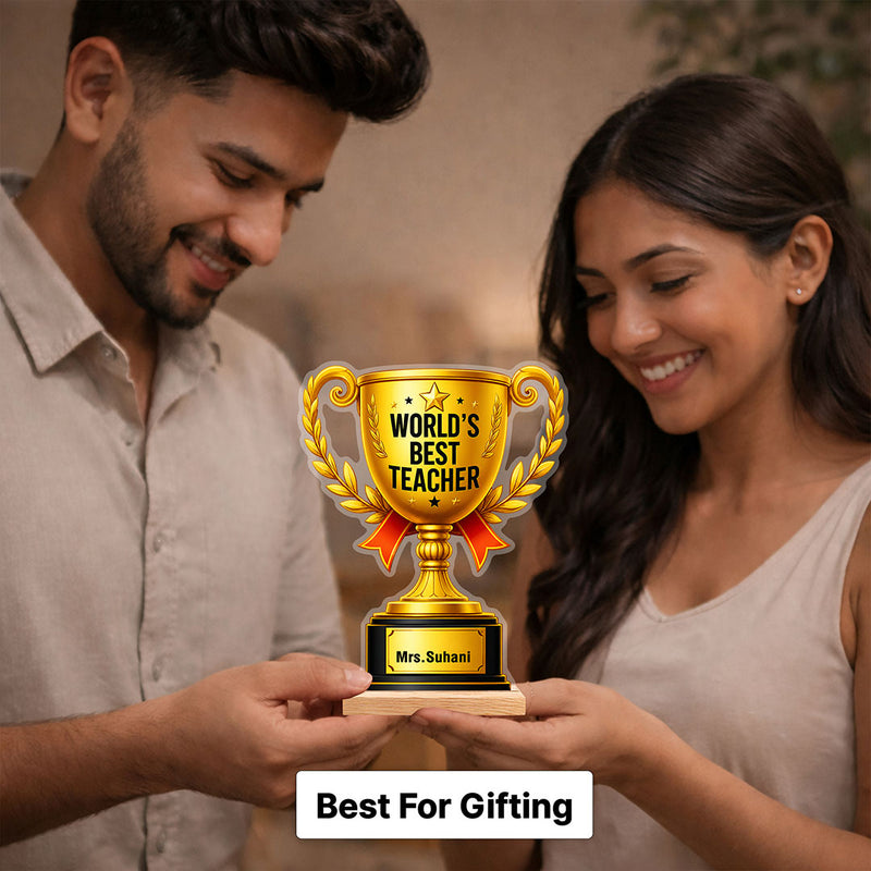Personalized World’s Best Teacher Trophy Gift 7x5.5 Inch | Custom Name Teacher Appreciation Wooden Trophy | Love Craft Gifts™