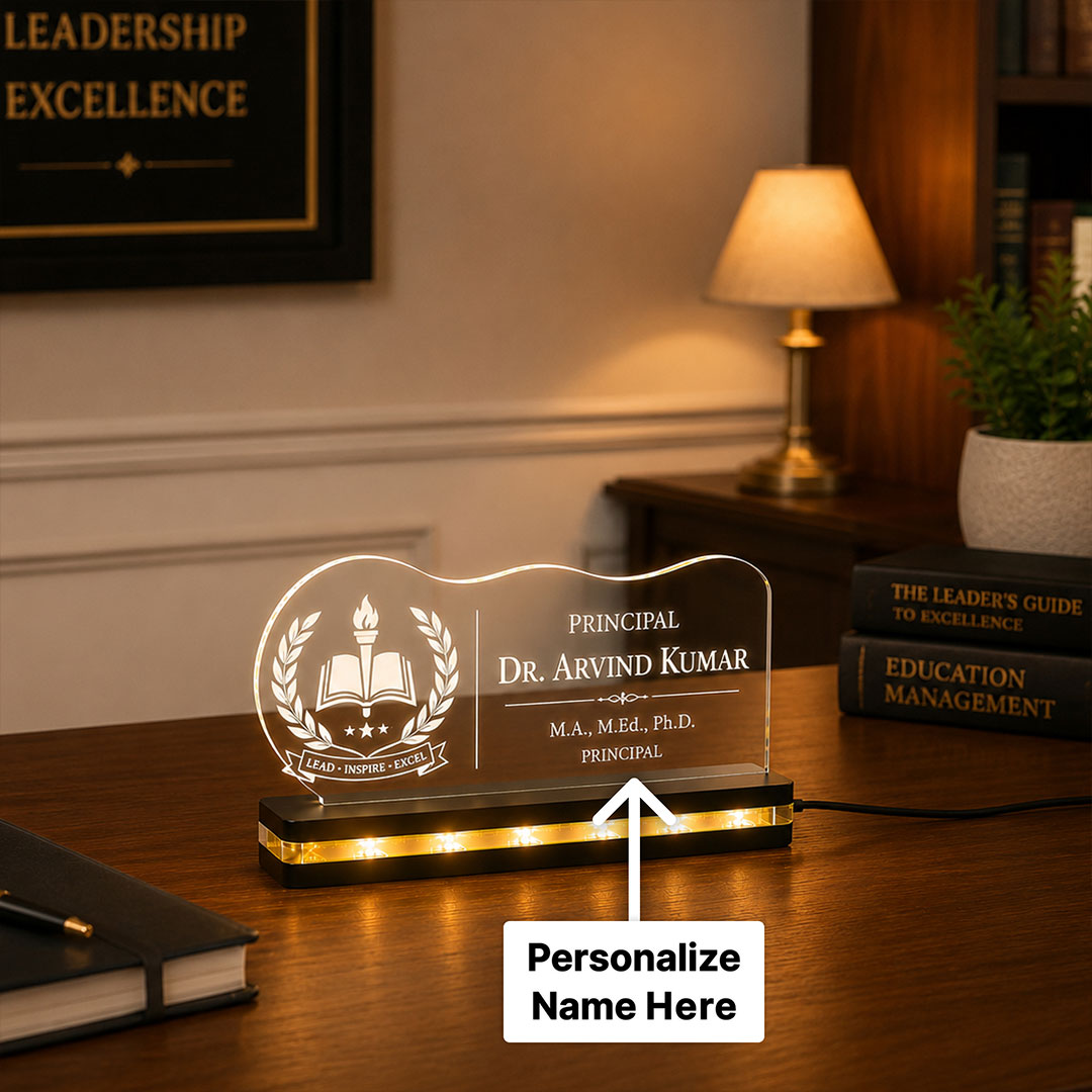 Principal LED Acrylic Name Plate | Personalized Name & Qualification Desk Display