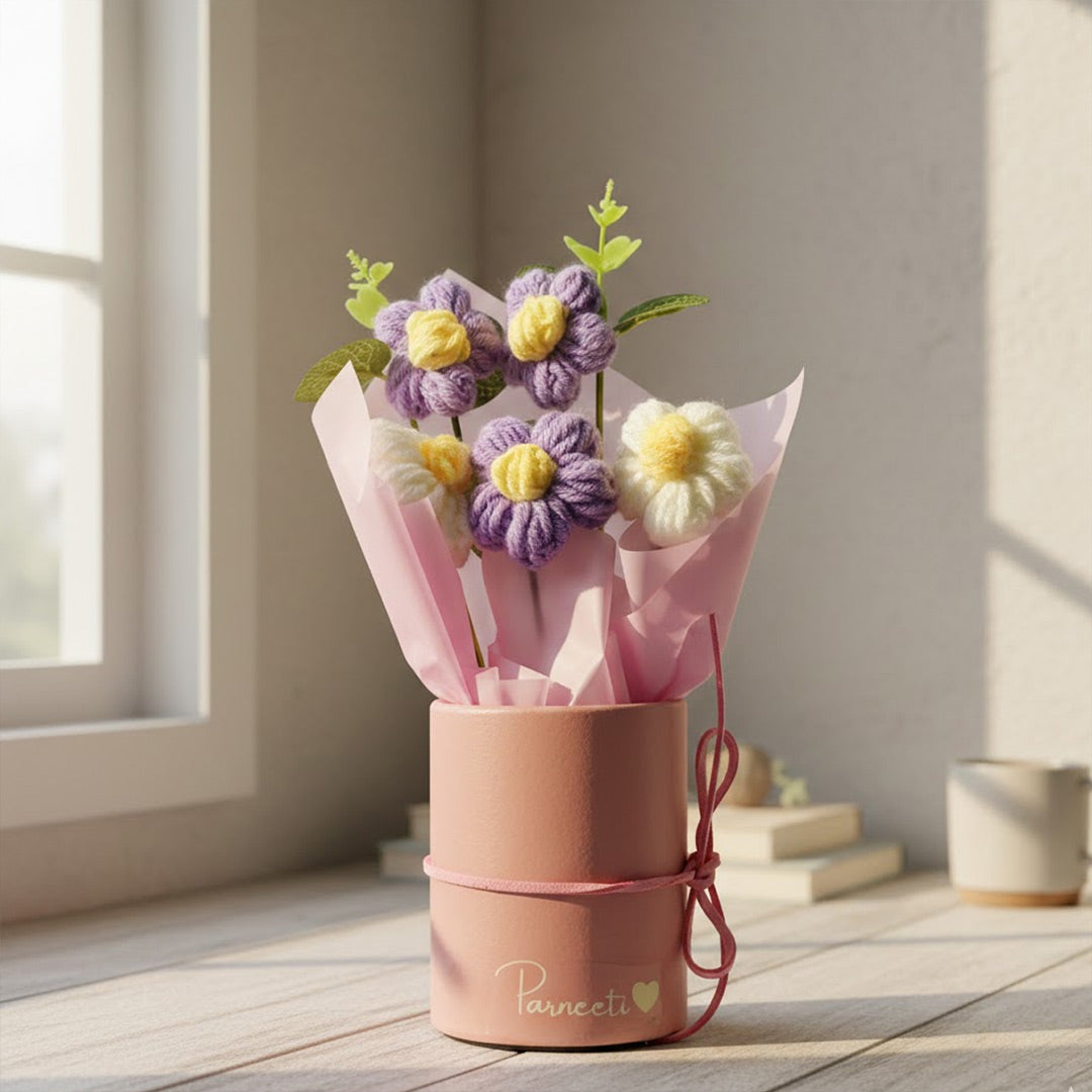 Personalized Crochet Flowers Bouquet with Name Pot (7×3 Inch)