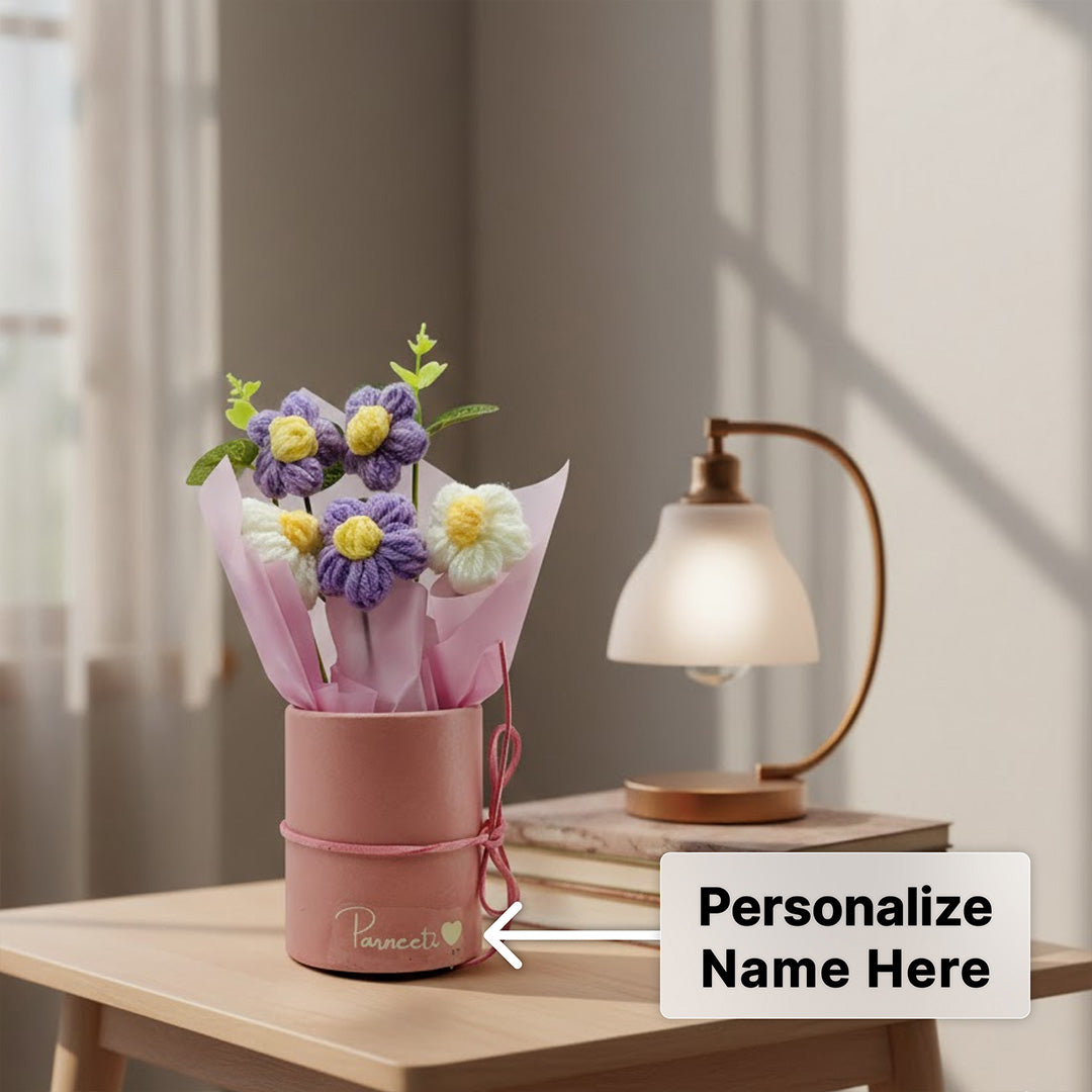 Personalized Crochet Flowers Bouquet with Name Pot (7×3 Inch)