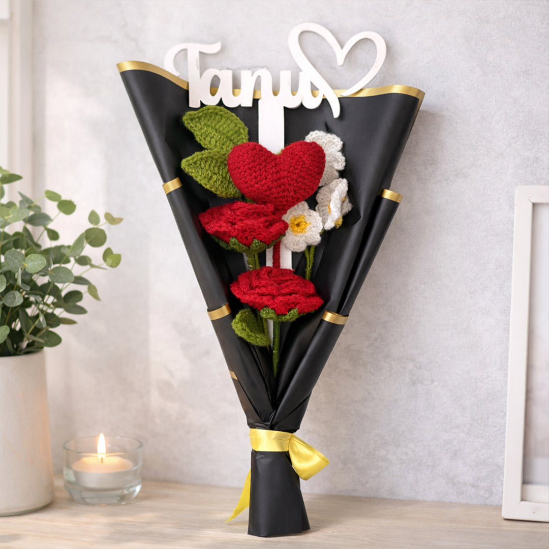 Personalized Red Rose & Heart Crochet Bouquet – Handmade Forever Love Gift