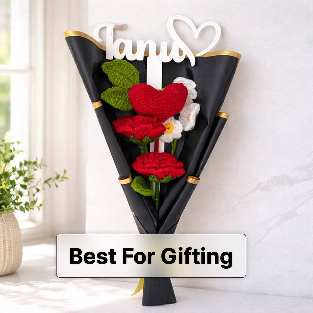 Personalized Red Rose & Heart Crochet Bouquet – Handmade Forever Love Gift