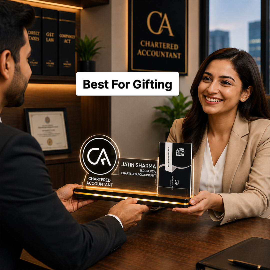 Personalized Chartered Accountant LED Acrylic Business Card Holder with Name | Custom CA Office Desk Name Plate with Card Stand 8 x 6 Inch | Professional Gift for CA, Tax Consultant & Finance Experts | Love Craft Gifts™