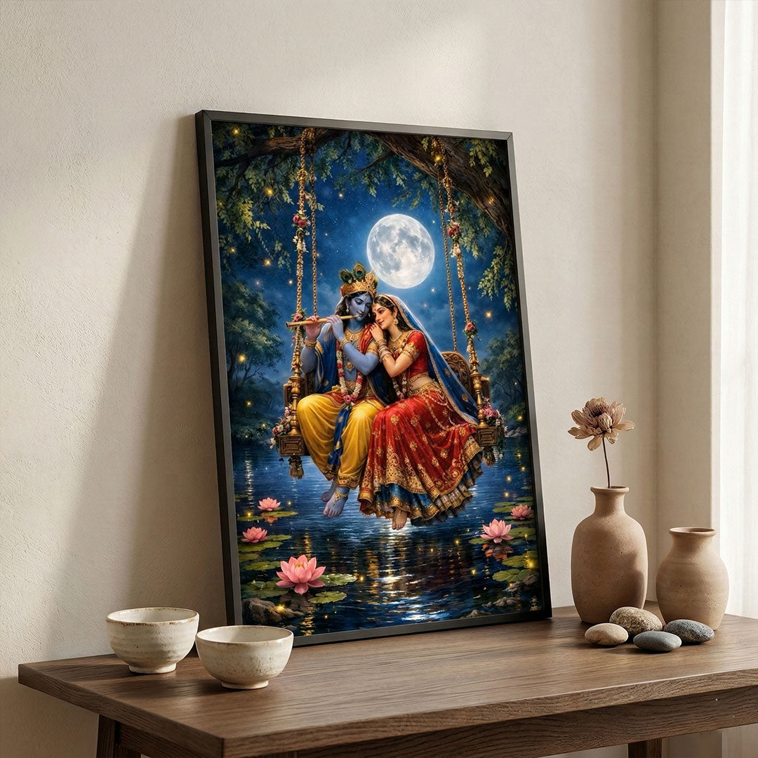 Radha Krishna Romantic Moonlight Wall Frame – Divine Love Spiritual Wall Art | Love Craft Gifts